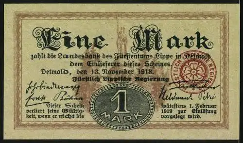 Notgeld Detmold 1918, 1 Mark, Landesbank des Fürstentums Lippe mit rotem Siegel und Unterschriften