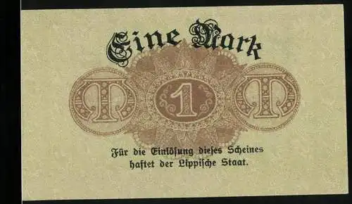 Notgeld Detmold 1918, 1 Mark, Lippische Regierung, Einlösung bis 1919, beige mit roten und schwarzen Schriftzügen