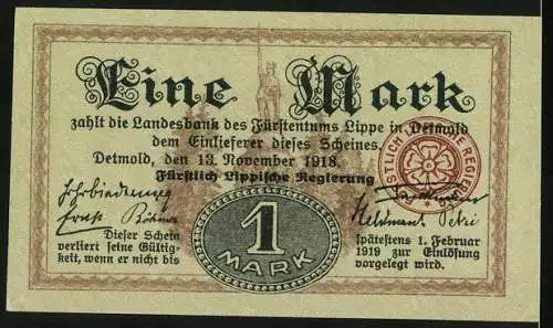 Notgeld Detmold 1918, 1 Mark, Lippische Regierung, Einlösung bis 1919, beige mit roten und schwarzen Schriftzügen