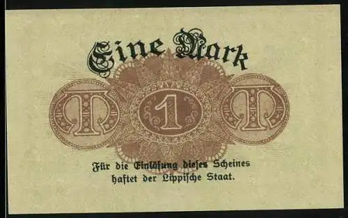 Notgeld Detmold, 1918, 1 Mark, Beiger Schein mit braunen Mustern und Lippischer Staat Haftung