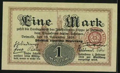 Notgeld Detmold, 1918, 1 Mark, Beiger Schein mit braunen Mustern und Lippischer Staat Haftung