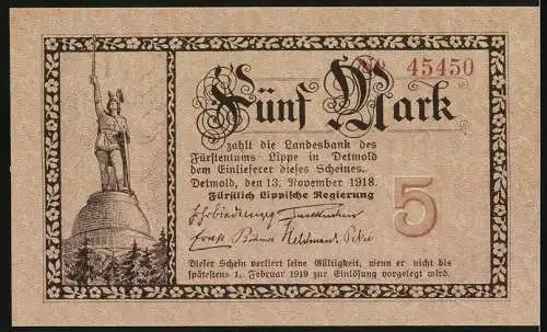 Notgeld Detmold, 1918, 5 Mark, mit Hermannsdenkmal und Wappen, Seriennummer 45450