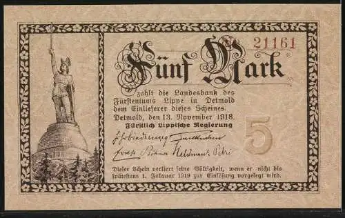 Notgeld Detmold 1918, 5 Mark, Landesbank des Fürstentums Lippe mit Hermannsdenkmal und Seriennummer 21161