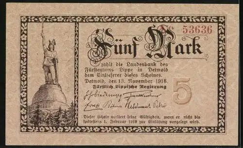 Notgeld Detmold 1918, 5 Mark, mit Hermannsdenkmal und Wappen des Lippischen Staates