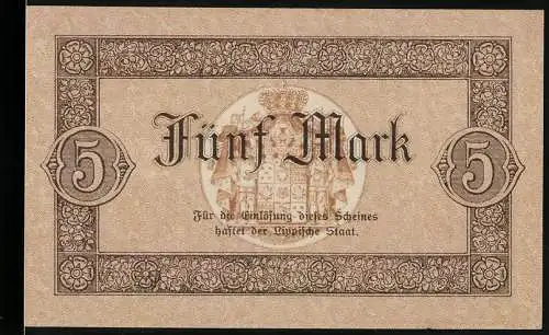 Notgeld Detmold 1918, 5 Mark, mit Hermannsdenkmal und Verzierungen