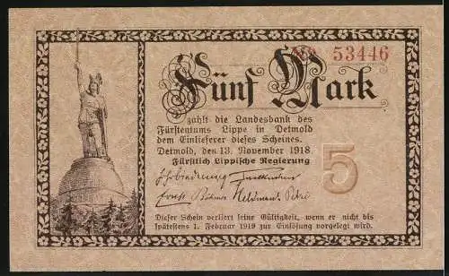 Notgeld Detmold 1918, 5 Mark, mit Hermannsdenkmal und Verzierungen