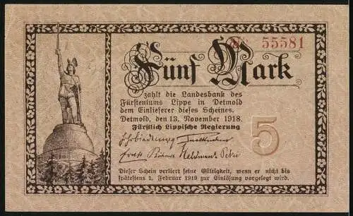 Notgeld Detmold 1918, 5 Mark, Landesbank des Fürstentums Lippe mit Hermannsdenkmal
