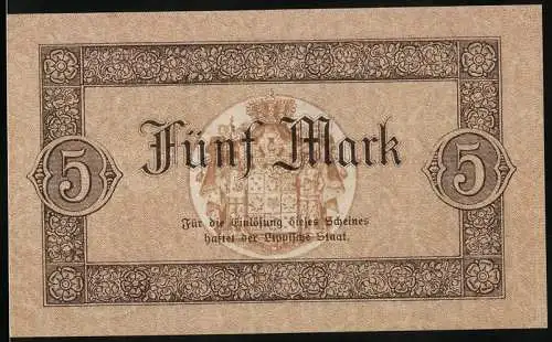 Notgeld Detmold 1918, 5 Mark, Hermannsdenkmal und Wappen, Seriennummer 13398