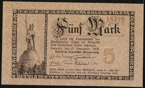 Notgeld Detmold 1918, 5 Mark, Hermannsdenkmal und Wappen, Seriennummer 13398