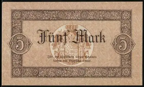 Notgeld Detmold 1918, 5 Mark, braun, Hermannsdenkmal und Wappen, Fürstentum Lippe, Seriennummer 18442