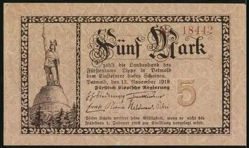 Notgeld Detmold 1918, 5 Mark, braun, Hermannsdenkmal und Wappen, Fürstentum Lippe, Seriennummer 18442