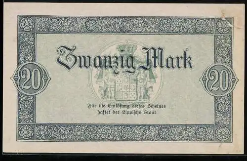 Notgeld Detmold 1918, 20 Mark, Landesbank des Fürstentums Lippe, Hermannsdenkmal und Wappen