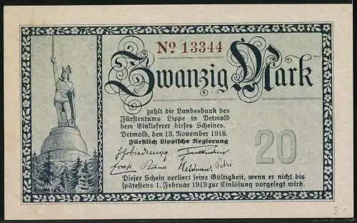 Notgeld Detmold 1918, 20 Mark, Landesbank des Fürstentums Lippe, Hermannsdenkmal und Wappen