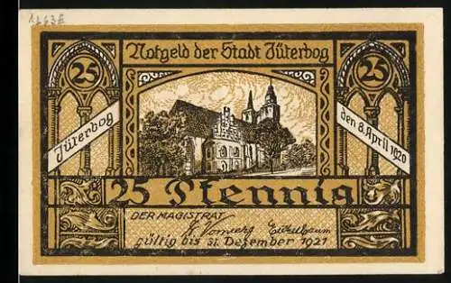 Notgeld Jüterbog, 1920, 25 Pfennig, Stadtansicht mit Kirche und Türmen, gültig bis 31. Dezember 1921