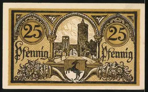 Notgeld Jüterbog, 1920, 25 Pfennig, Stadtansicht mit Kirche und Türmen, gültig bis 31. Dezember 1921