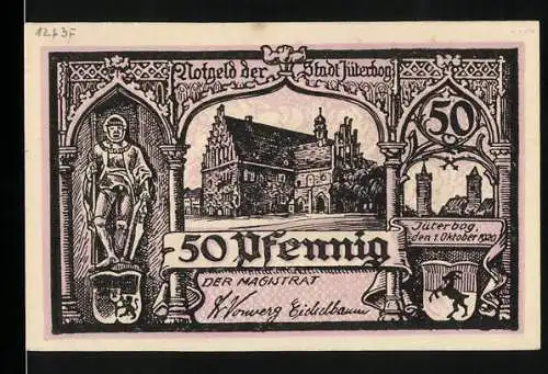 Notgeld Jüterbog, 1920, 50 Pfennig, Stadtansicht und Ritter, Zitat auf Rückseite