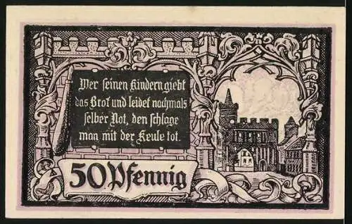 Notgeld Jüterbog, 1920, 50 Pfennig, Stadtansicht und Ritter, Zitat auf Rückseite