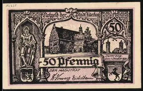 Notgeld Jüterbog 1920, 50 Pfennig, Stadtansicht und Ritter, Spruch und Burgmotiv