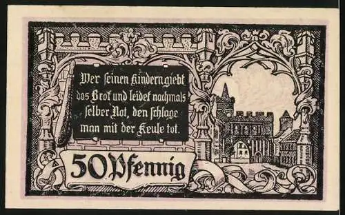 Notgeld Jüterbog 1920, 50 Pfennig, Stadtansicht und Ritter, Spruch und Burgmotiv