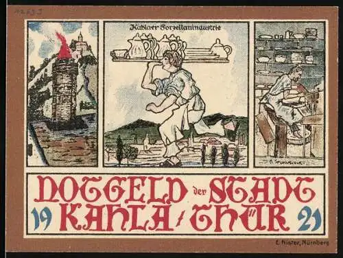 Notgeld Kahla 1921, 25 Pfennig, Stadtansichten und Porzellanindustrie, Seriennummer 9292