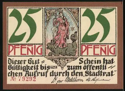 Notgeld Kahla 1921, 25 Pfennig, Stadtansichten und Porzellanindustrie, Seriennummer 9292