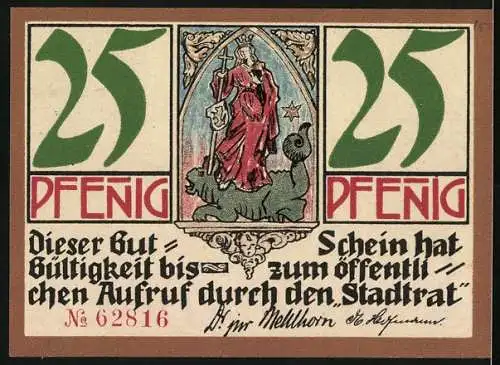 Notgeld Kahla / Thür 1921, 25 Pfennig, Keramikindustrie und Stadtansicht