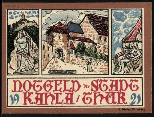 Notgeld Kahla 1921, 10 Pfennig, Stadtansichten und Heilige auf Löwenreiter-Illustration