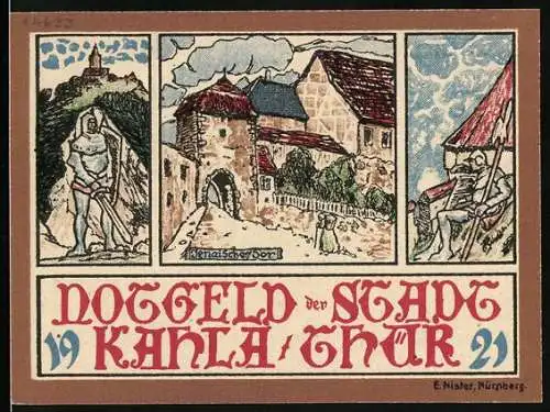 Notgeld Kahla 1921, 10 Pfennig, Burg und mittelalterliche Stadtansichten, Nr. 45597