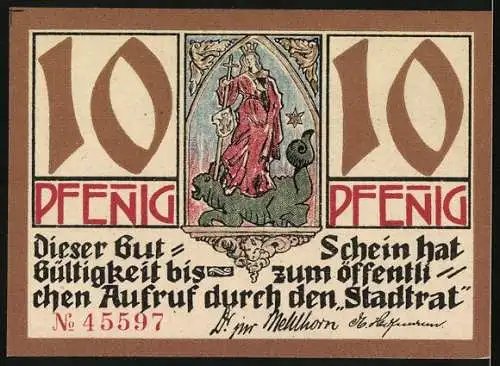 Notgeld Kahla 1921, 10 Pfennig, Burg und mittelalterliche Stadtansichten, Nr. 45597