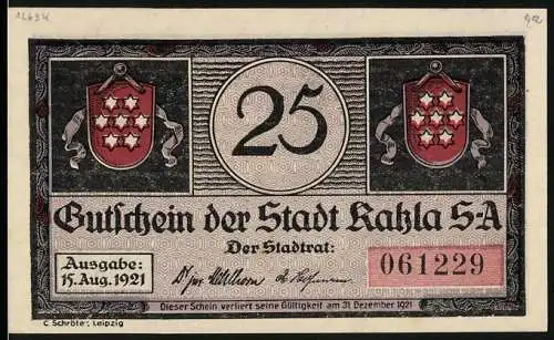 Notgeld Kahla 1921, 25 Pfennig, Stadtwappen und tanzende Dorfbewohner im Freien