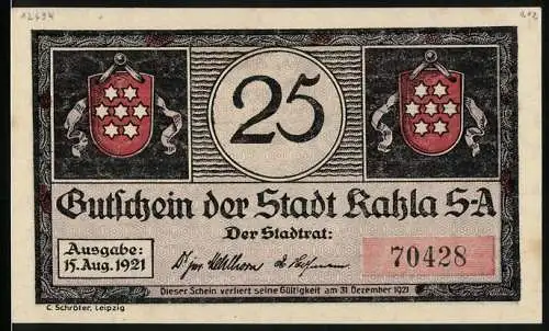 Notgeld Kahla 1921, 25 Pfennig, Gutschein der Stadt Kahla mit tanzendem Volk und Burgenlandschaft