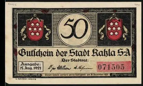 Notgeld Kahla 1921, 50 Pfennig, Gutschein der Stadt mit musizierenden Menschen und Wappen