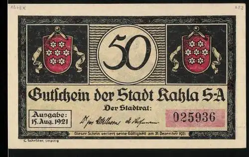 Notgeld Kahla, 1921, 50 Pfennig, Stadtwappen und Gitarrenspieler mit Spruchbändern