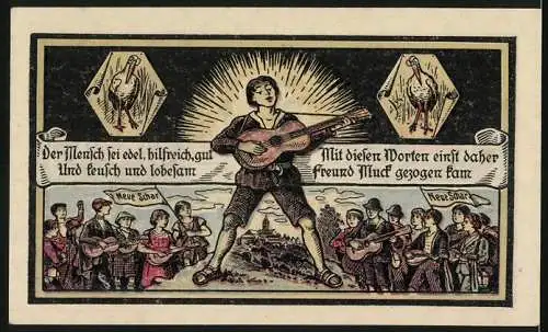 Notgeld Kahla, 1921, 50 Pfennig, Stadtwappen und Gitarrenspieler mit Spruchbändern