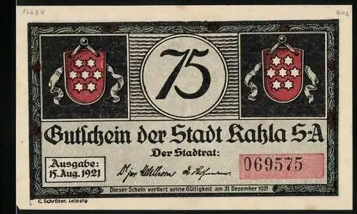 Notgeld Kahla, 1921, 75 Pfennig, Gutschein der Stadt Kahla mit Stadtwappen, Rückseite mit Märchenmotiv