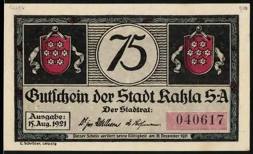 Notgeld Kahla 1921, 75 Pfennig, mit Wappen und Landschaftsszene