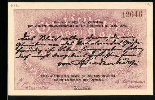 Notgeld Kahla 1921, 75 Pfennig, Fliegeraufnahme der Leuchtenburg und Hindenburg Zitat