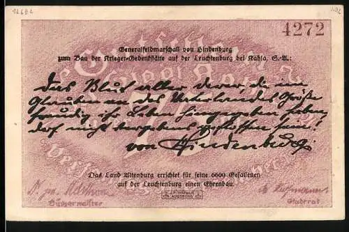 Notgeld Kahla 1921, 75 Pfennig, Generalfeldmarschall von Hindenburg, Fliegeraufnahme der Leuchtenburg