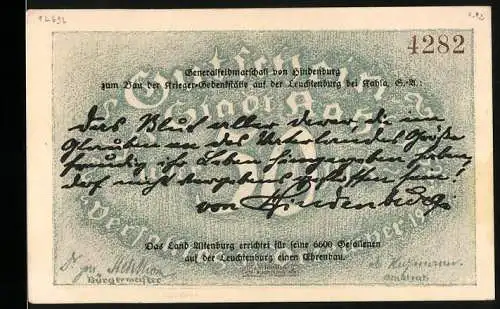 Notgeld Kahla 1921, 50 Pfennig, Zitat Generalfeldmarschall von Hindenburg, Fliegeraufnahme der Leuchtenburg