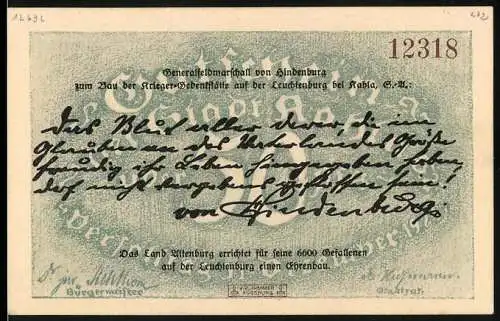 Notgeld Kahla 1921, 50 Pfennig, Bau der Kriegergedenkstätte Leuchtenburg, Hindenburg-Unterschrift, Fliegeraufnahme