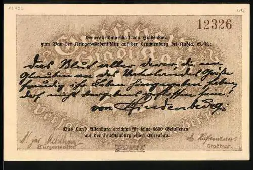 Notgeld Kahla, 25 Pfennig, Zitat Generalfeldmarschall von Hindenburg, Leuchtenburg bei Kahla, Fliegeraufnahme