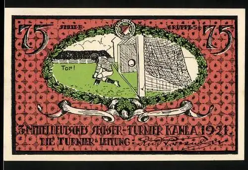 Notgeld Kahla 1921, 75 Pfennig, Sportverein Kahla Fussballmotiv, Gutschein gültig bis 1922