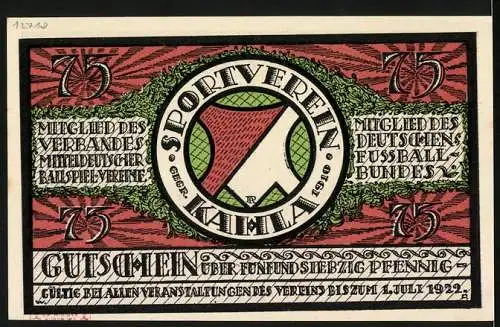 Notgeld Kahla 1921, 75 Pfennig, Sportverein Kahla Fussballmotiv, Gutschein gültig bis 1922