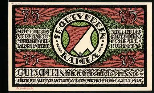 Notgeld Kahla 1921, 75 Pfennig, Sportverein Gutschein und Mitteldeutsches Sieger-Turnier Fussball