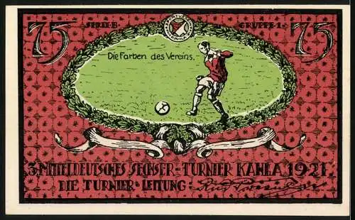 Notgeld Kahla 1921, 75 Pfennig, Sportverein Gutschein und Mitteldeutsches Sieger-Turnier Fussball