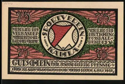 Notgeld Kahla 1921, 75 Pfennig, Sportverein Gutschein und Fussball im Schnee