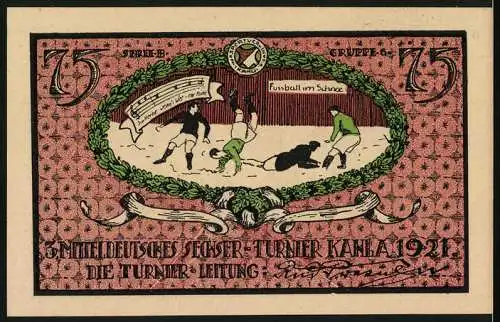 Notgeld Kahla 1921, 75 Pfennig, Sportverein Gutschein und Fussball im Schnee