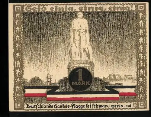 Notgeld Hamburg 1921, 1 Mark, Kultur- und Sportwoche Hamburg 12.-24. August 1921 mit Statue und Handels-Flagge