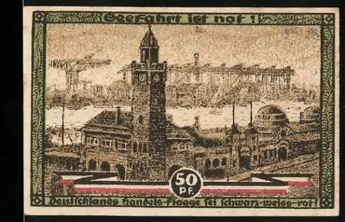 Notgeld Hamburg, 1921, 50 Pf, Kultur- und Sportwoche mit Stadtmotiv und Säule