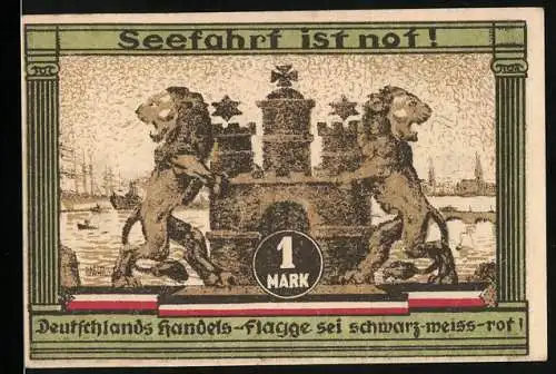 Notgeld Hamburg, 1921, 1 Mark, Seefahrt ist not! Zwei Löwen und Handels-Flagge, Kultur- u. Sportwoche